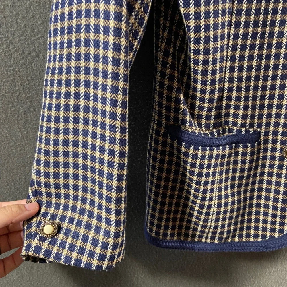 vintage tweed blazer navy plaid pearl button twee coquette academia 6p office